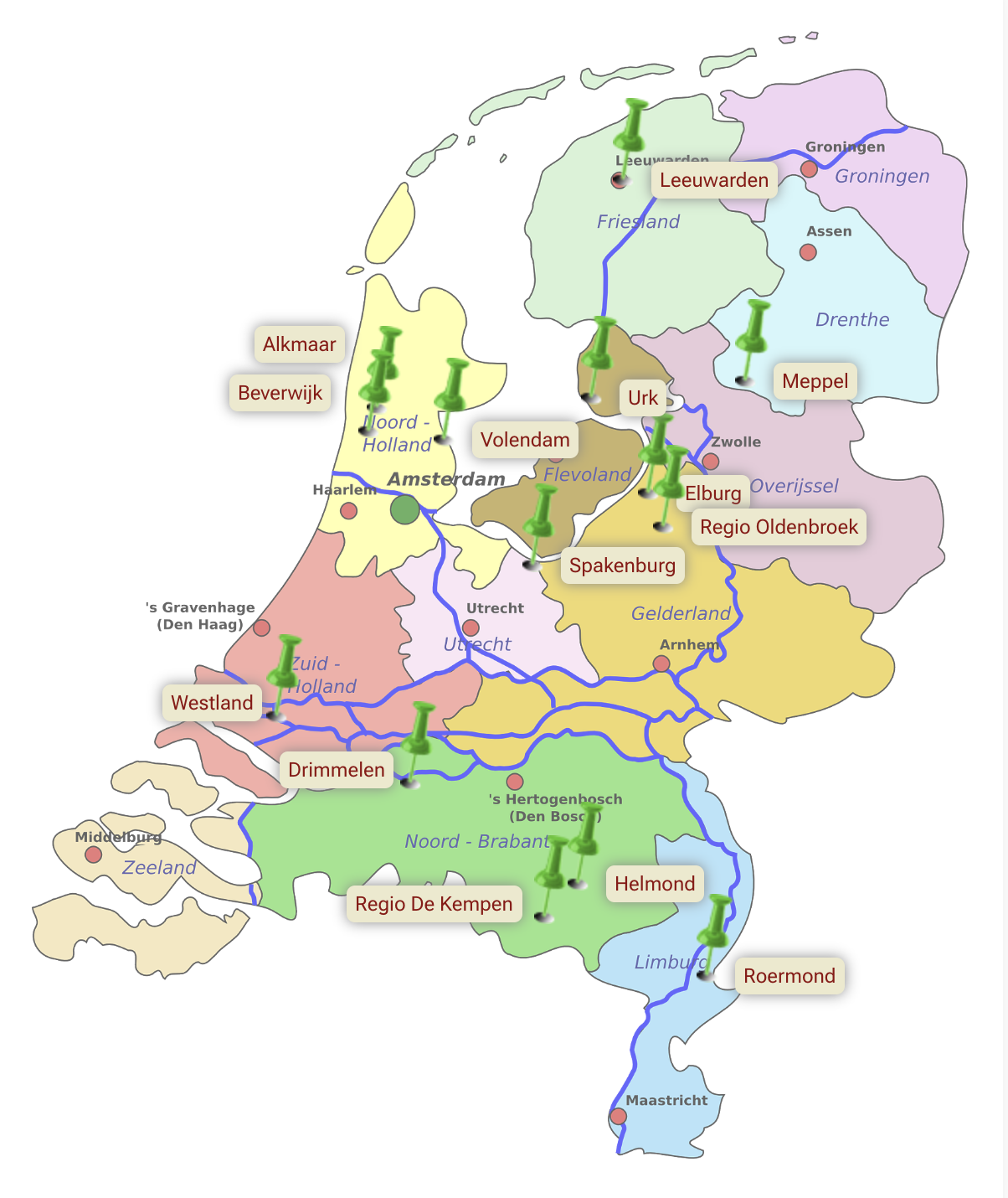 MMNL afdelingen overzicht
